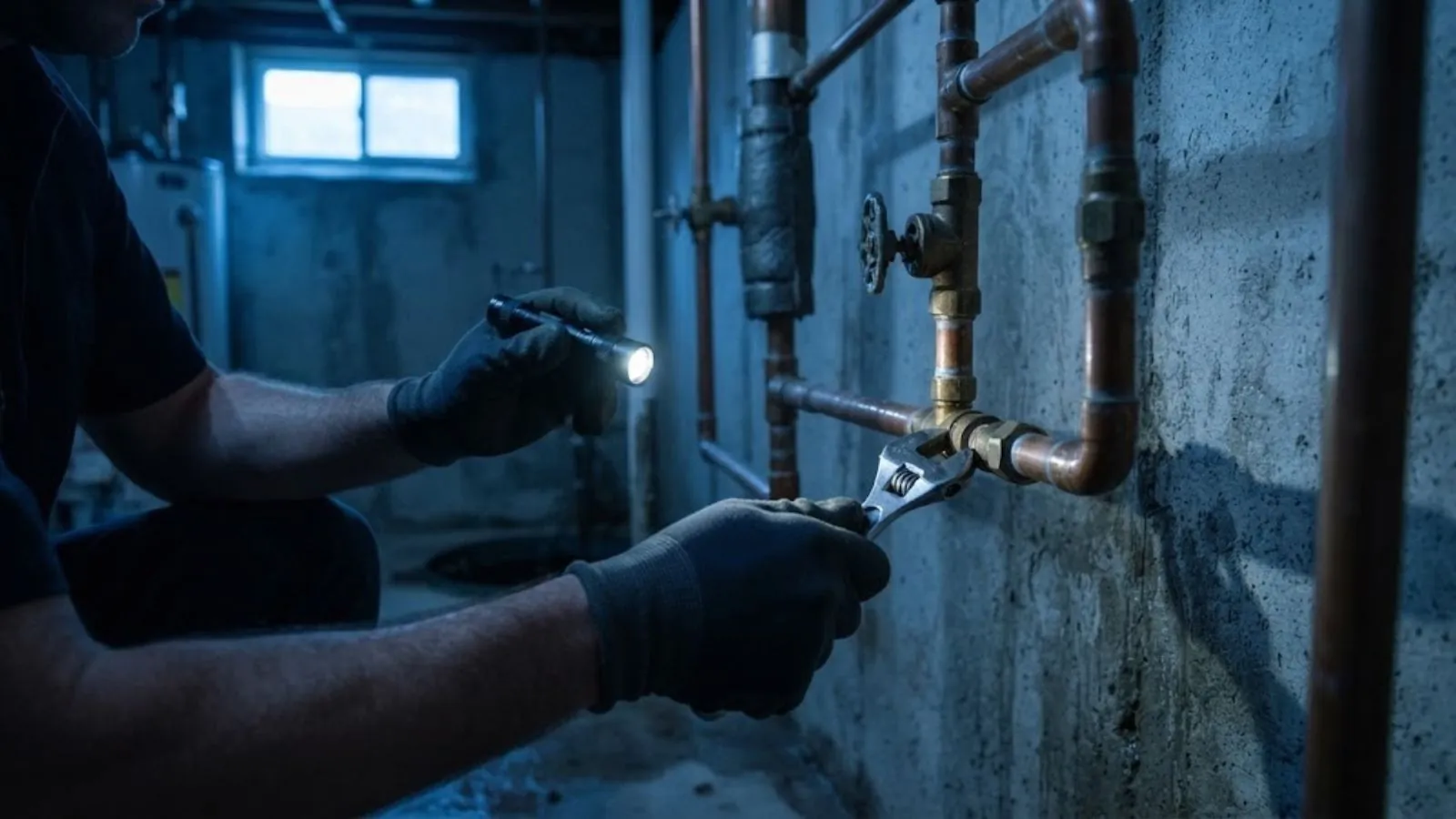Plumber's hands with a wrench and flashlight working on basement pipes