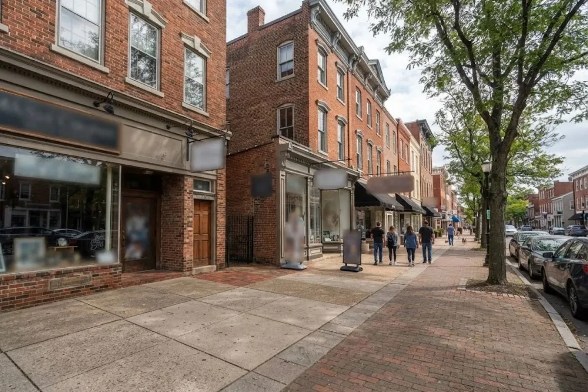 Brick storefronts and sidewalk on a tree-lined downtown street
